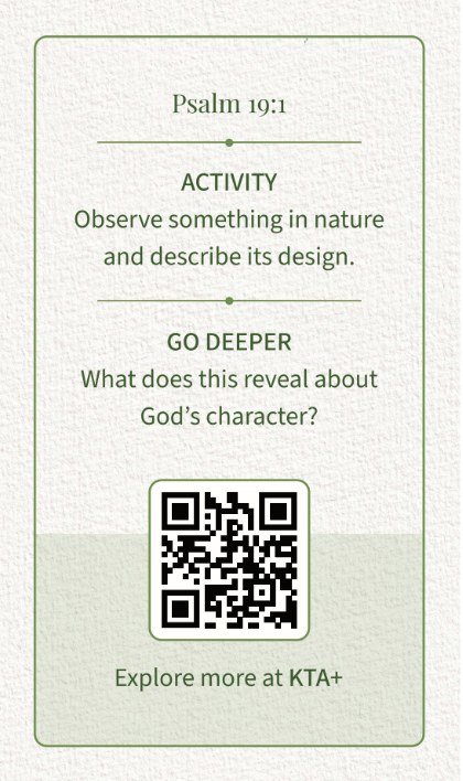 Back of a Wonder card: Psalm 19:1, an activity, a Go Deeper question and a QR code